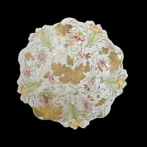 Antique Porcelain Bowl Gold Gilt Floral Roses Embossed Edge